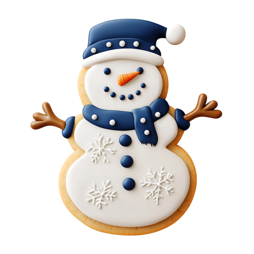 A decorated snowman cookie with a blue hat, scarf, and smiling face, showcasing festive details and a delightful holiday theme. png