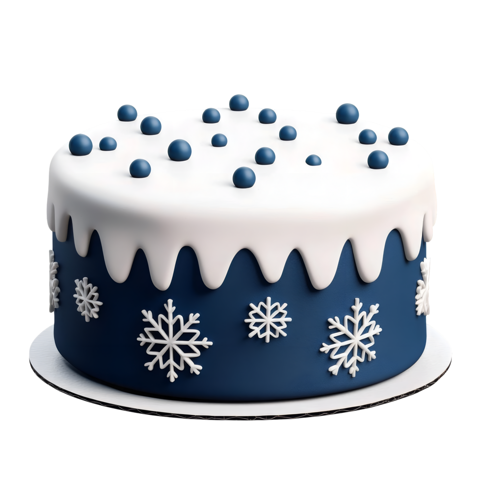 A festive cake decorated with blue and white icing, featuring snowflakes and edible balls, perfect for winter celebrations. png