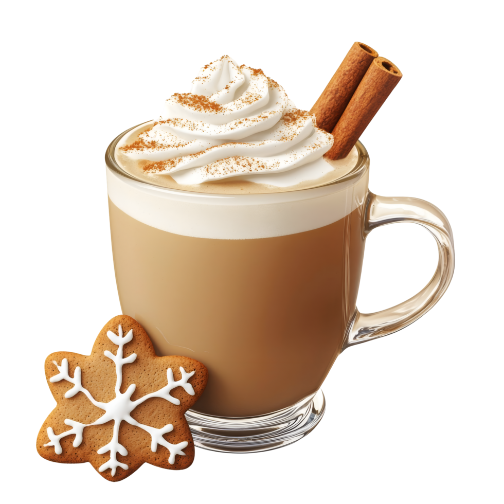 A festive mug of creamy coffee topped with whipped cream, cinnamon sticks, and a delicious snowflake-shaped cookie. png