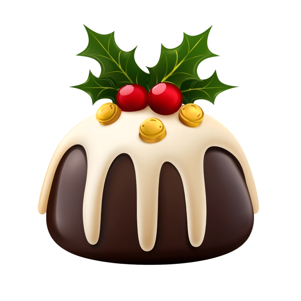 A festive dessert featuring chocolate icing, topped with red berries and holly leaves, perfect for holiday celebrations. png