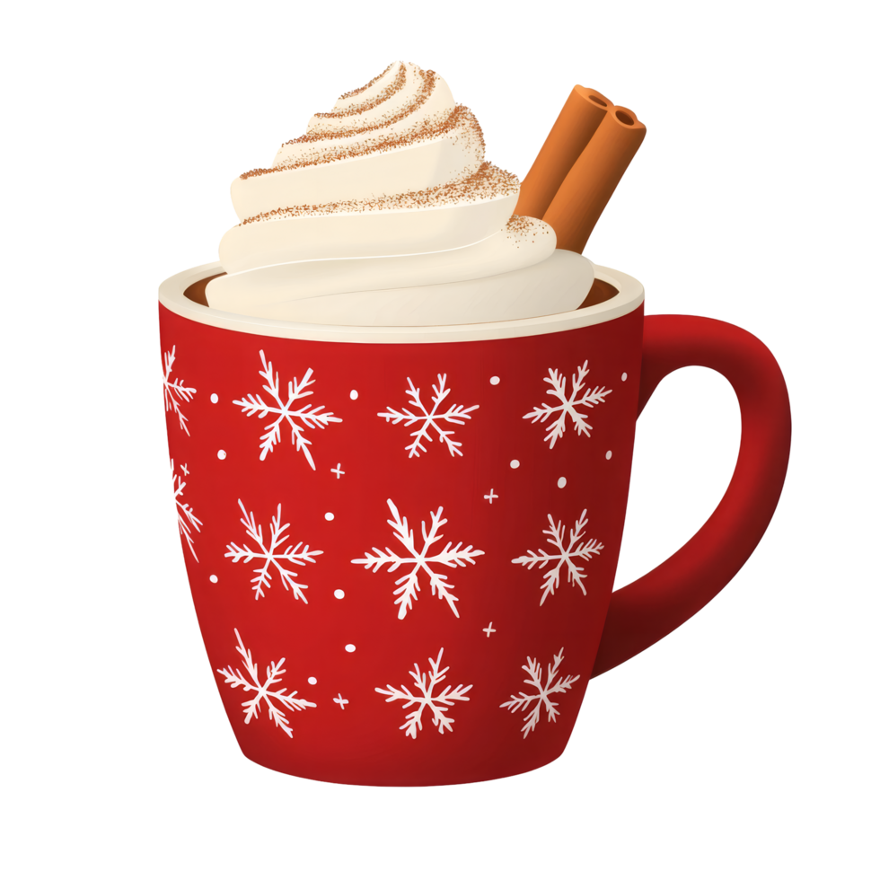 A festive red mug filled with whipped cream, topped with cinnamon sticks, and adorned with snowflakes, perfect for the holiday season. png