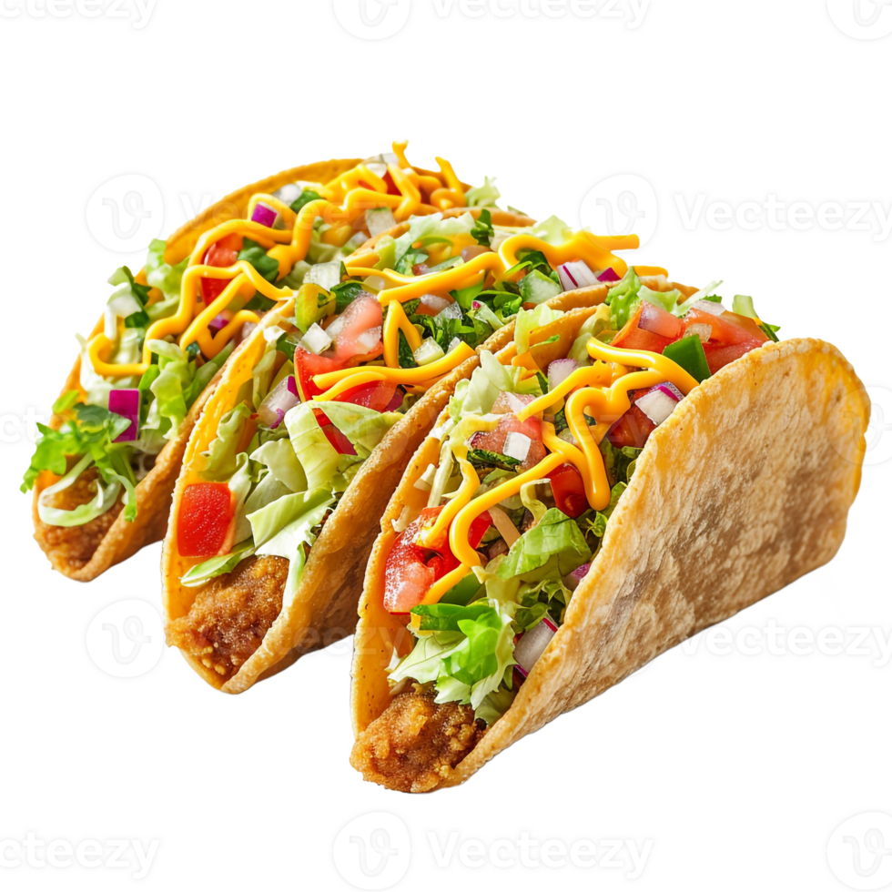 Delicious Crispy Tacos with Cheese Lettuce Tomato Onion png