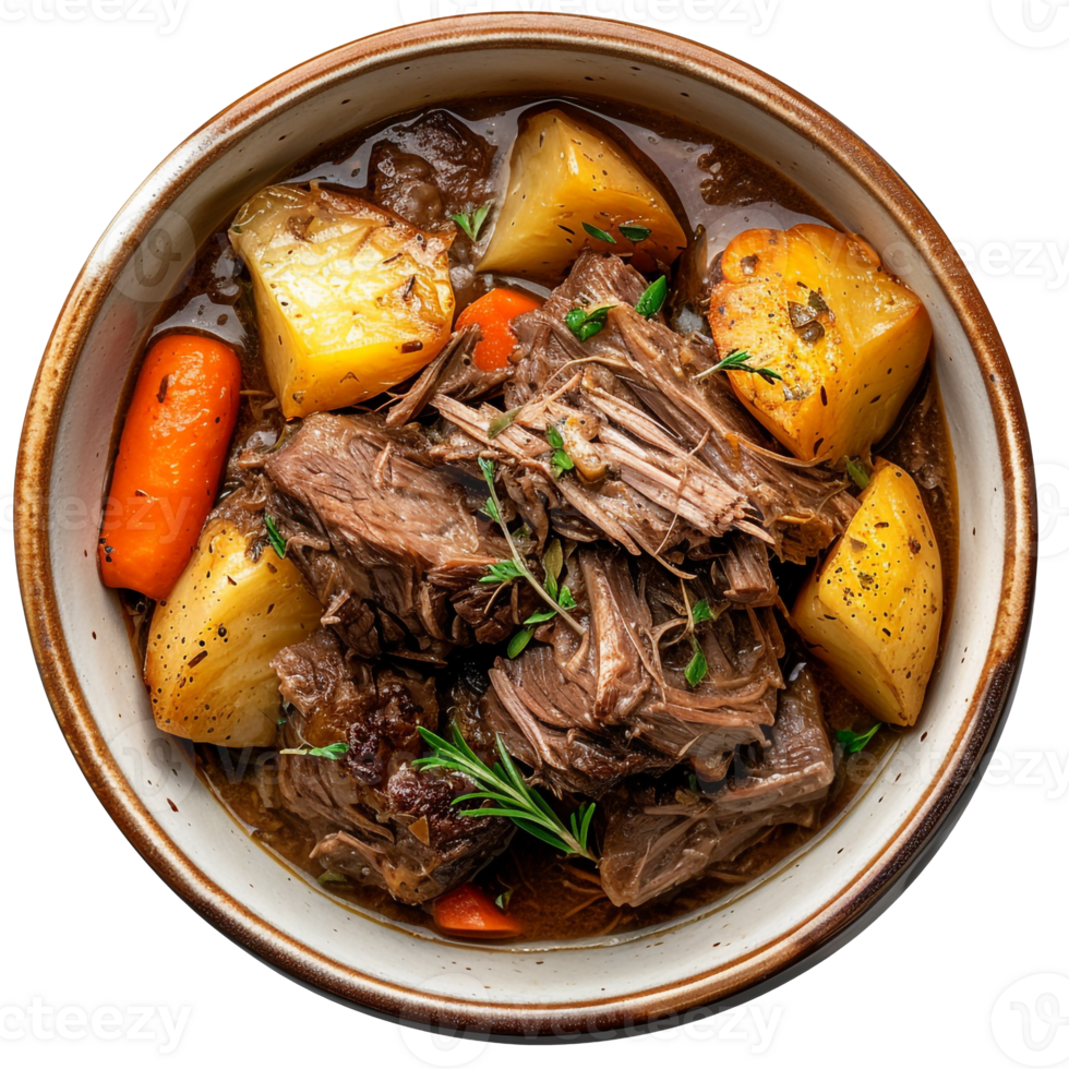 Delicious Beef Stew Tender Meat Potatoes Carrots Herb Garnish Top View png