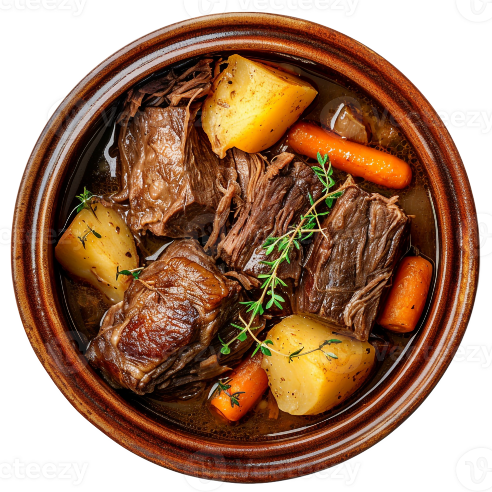 Delicious Beef Stew with Potatoes and Carrots in Brown Bowl png