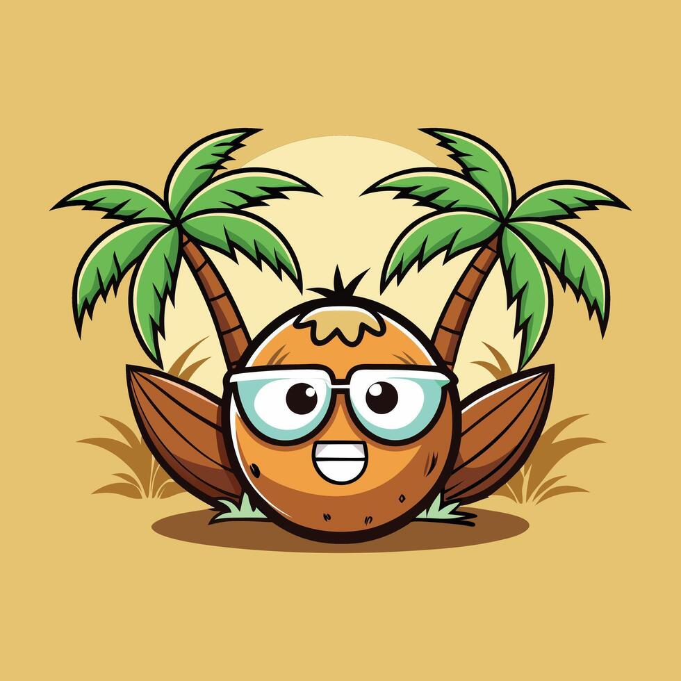 coconut cartoon character with sunglasses and palm trees vector