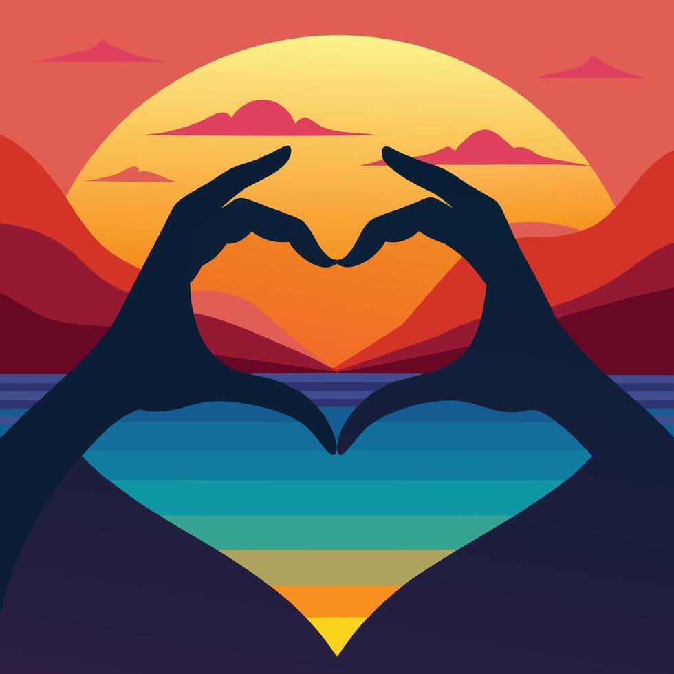 hands making heart shape with sunset in background vector