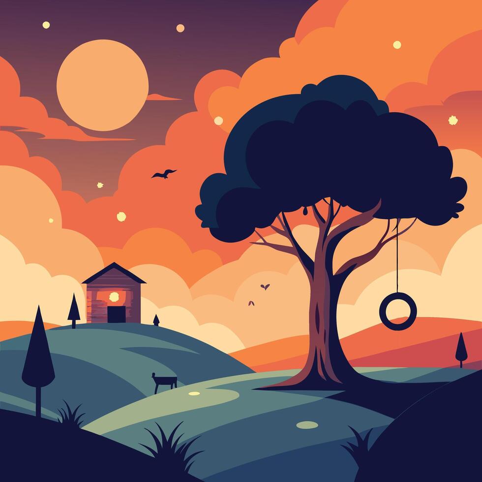 a cartoon illustration of a tree and house at sunset vector