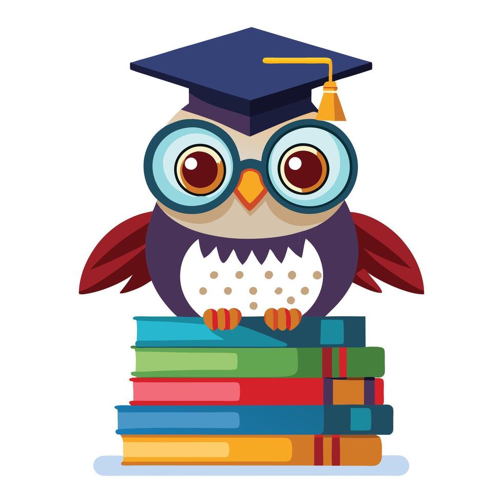 an owl wearing a graduation cap and glasses sits on top of a stack of books vector