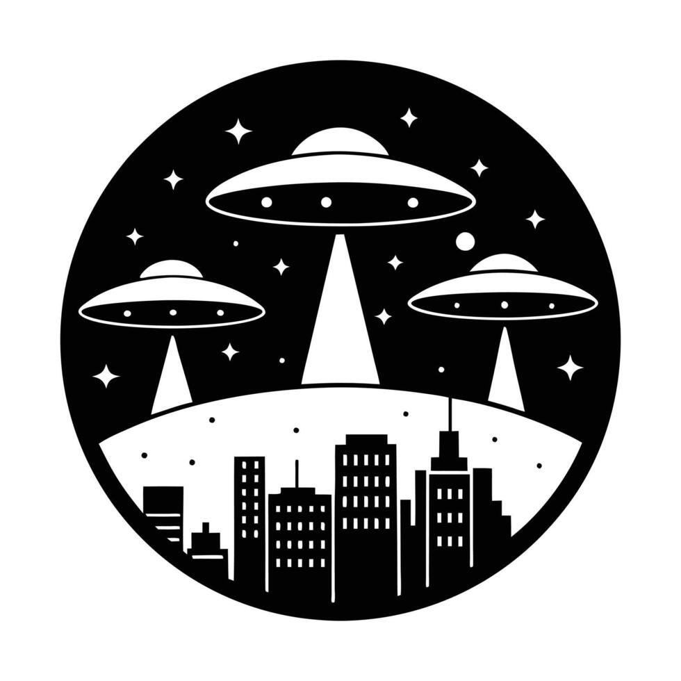 ufo flying saucer over city illustration vector