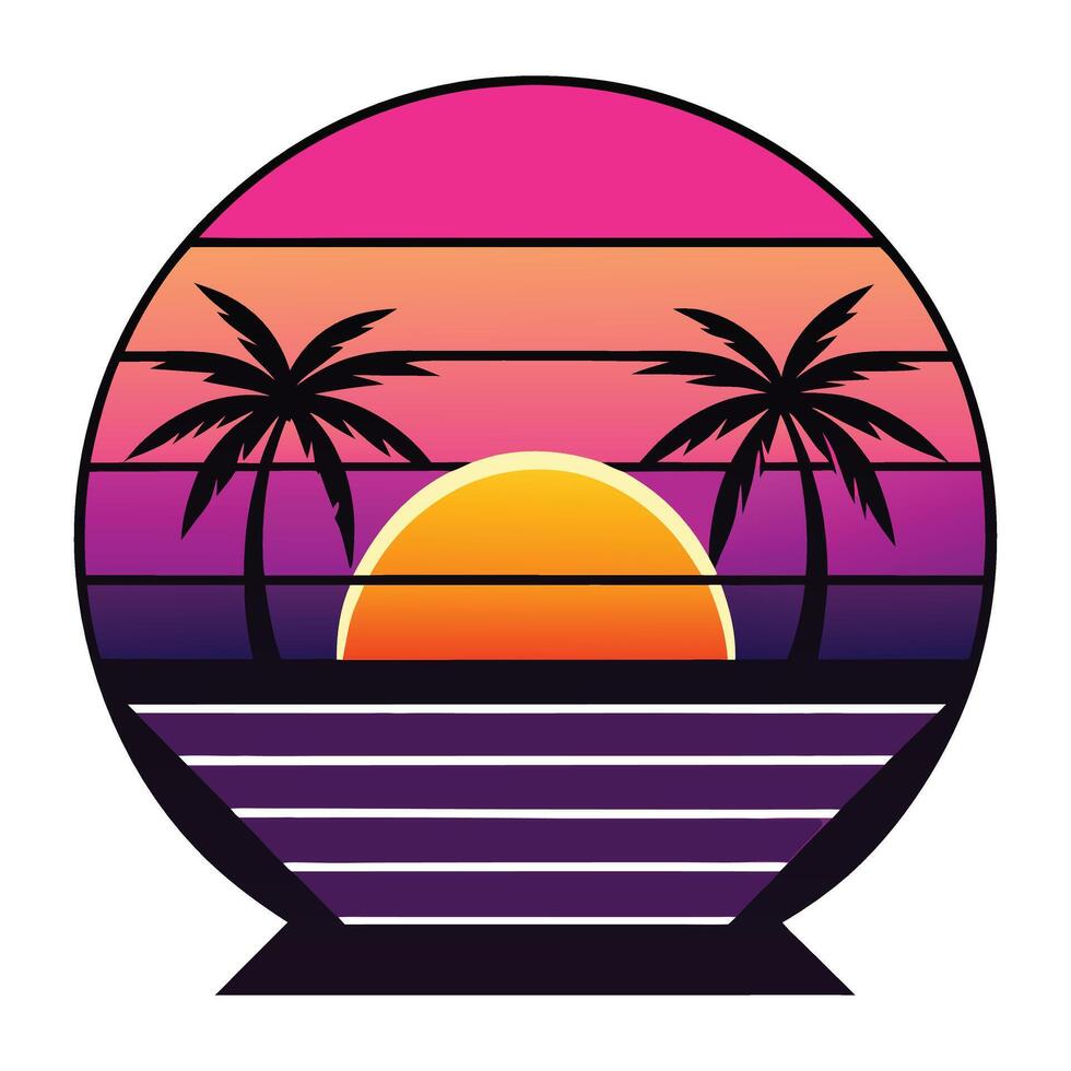 retro style palm trees and sunset illustration vector