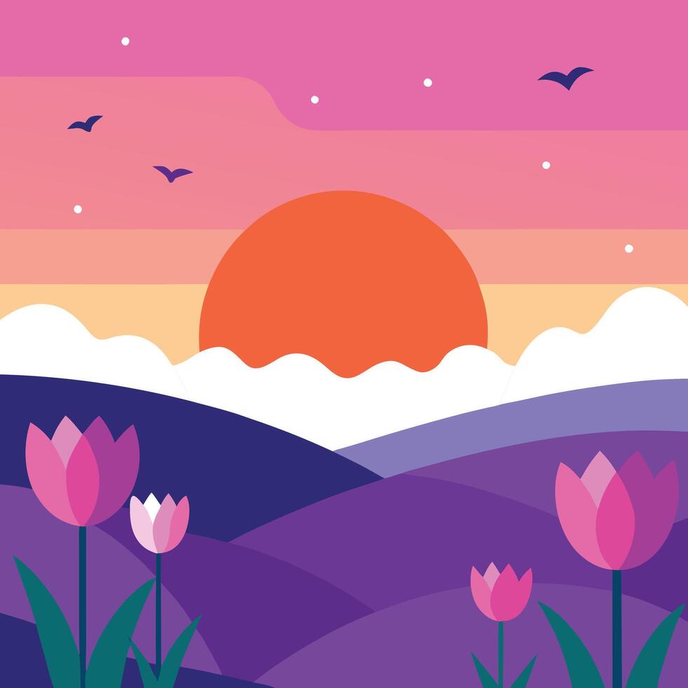 a colorful background with tulips and birds vector