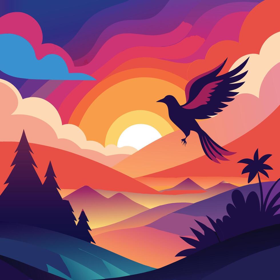 a bird flying over the mountains at sunset vector