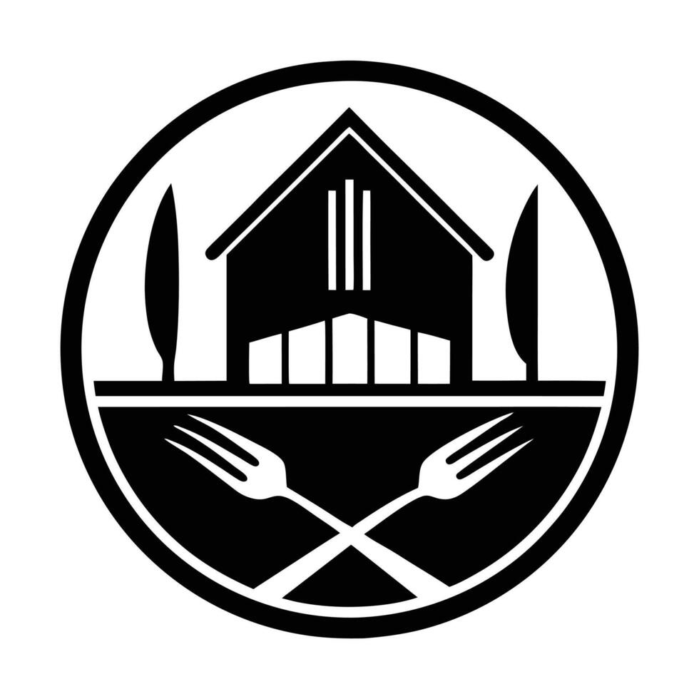 a black and white logo of a house with forks and knives vector
