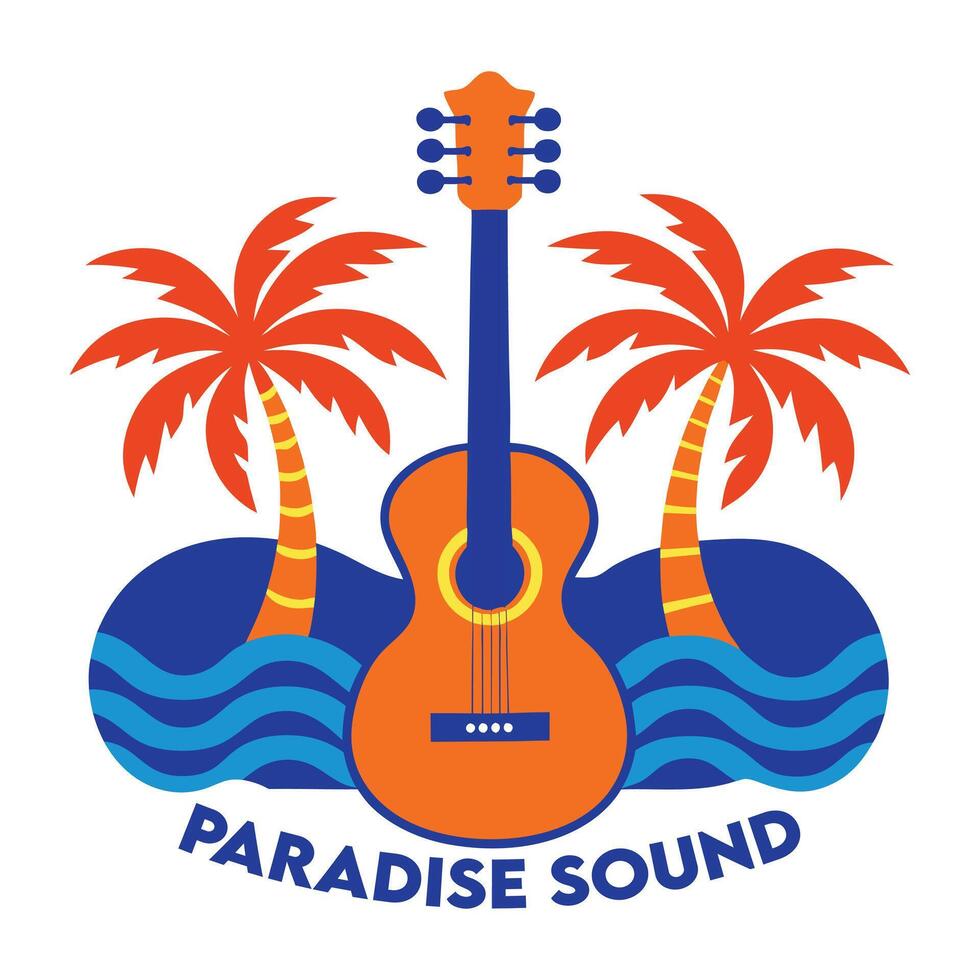 tropical island with guitar and palm trees illustration vector