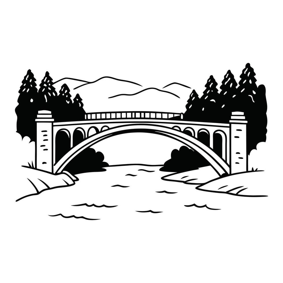 a black and white drawing of a bridge over a river vector
