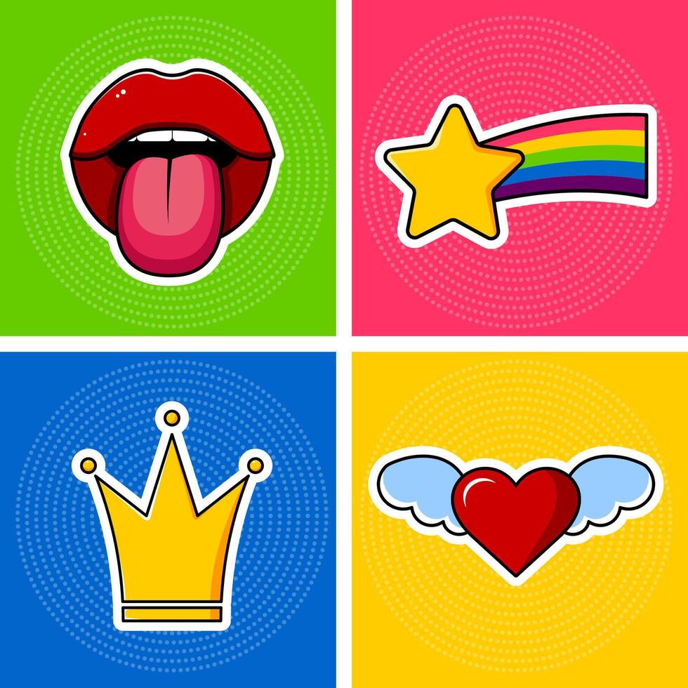 Clip art. Open mouth with tongue, yellow crown, heart with wings and rainbow comet. Stickers on a colored background. cartoon illustration. vector