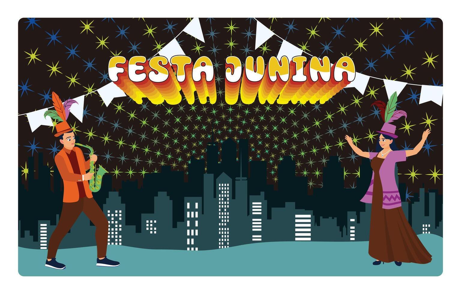 Festa Junina celebration at night with musicians and dancers. vector