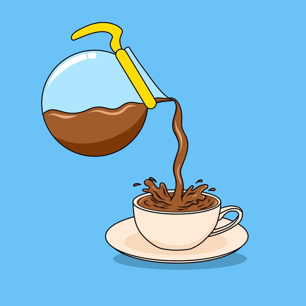 a pot of coffee floating pouring coffee into a cup cartoon icon illustration. food and drink concept icon isolated with flat cartoon style vector