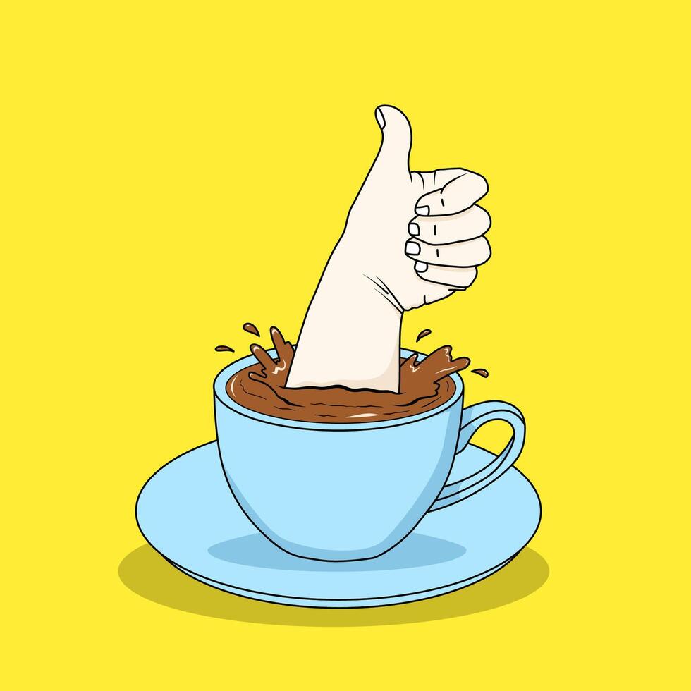 hand emerging from a cup of coffee with a thumbs up pose cartoon icon illustration. food and drink concept icon isolated with flat cartoon style vector