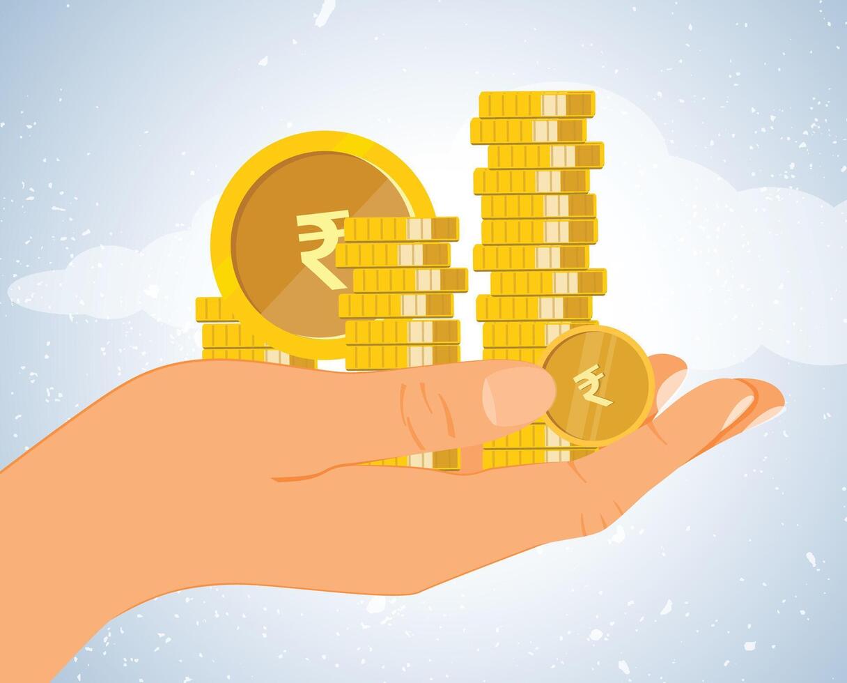 Shiny rupee coin falling into a hand vector