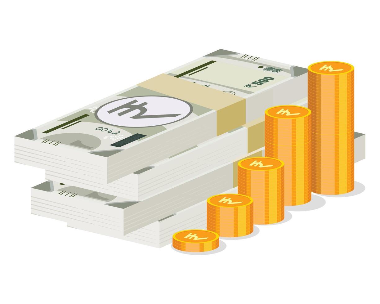 Bundle of Indian 500 rupee notes with a coin, symbolising currency and finance vector
