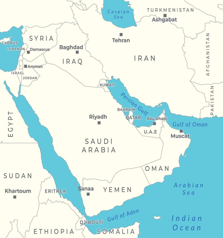 Middle East, political map countries with capitals and international borders vector