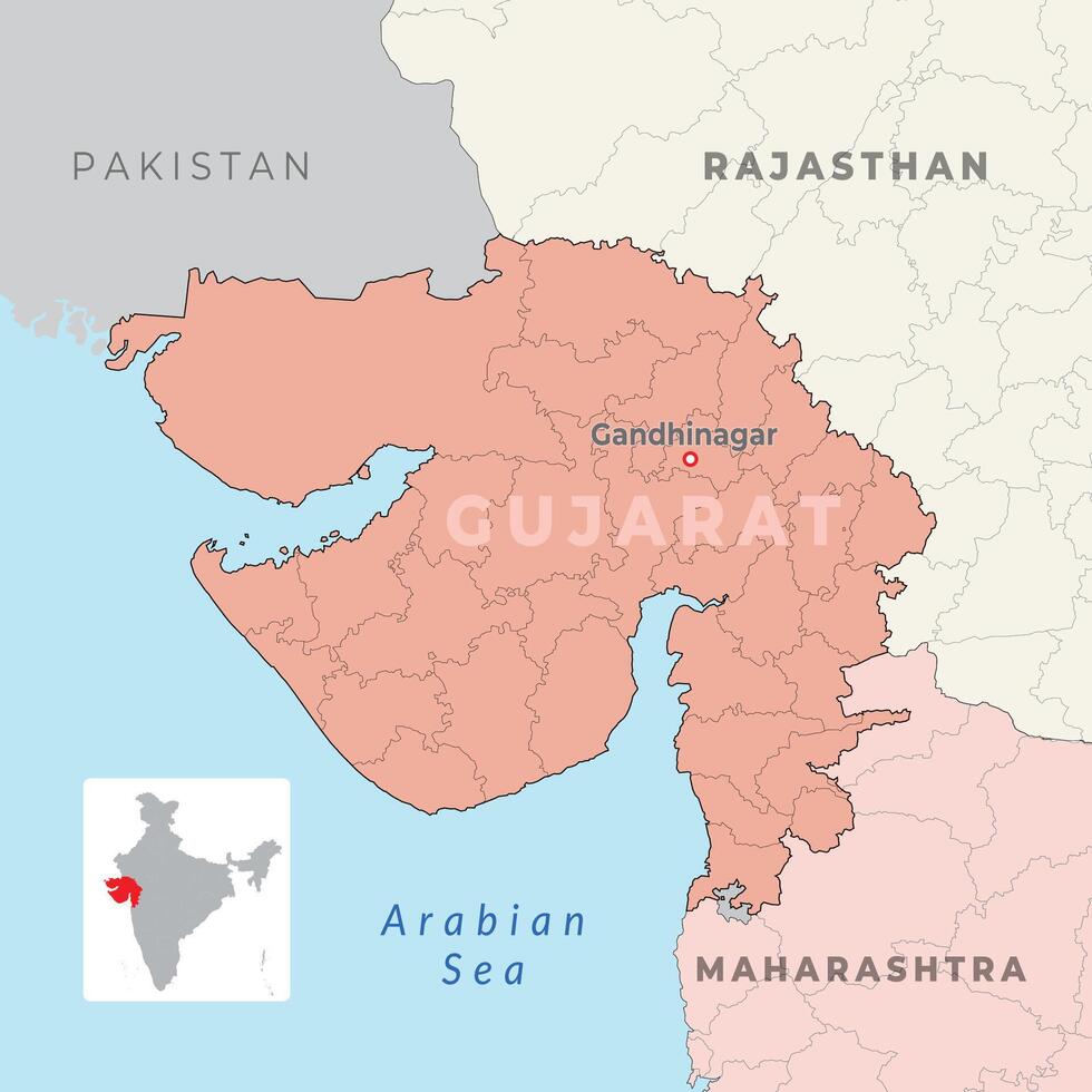 A detailed map of Gujarat with district boundaries with neighbour state vector
