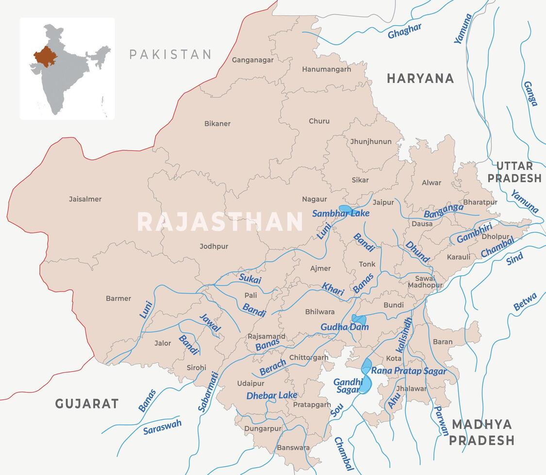 District map of Rajasthan, India, showcasing district boundaries along with the river network across the state vector