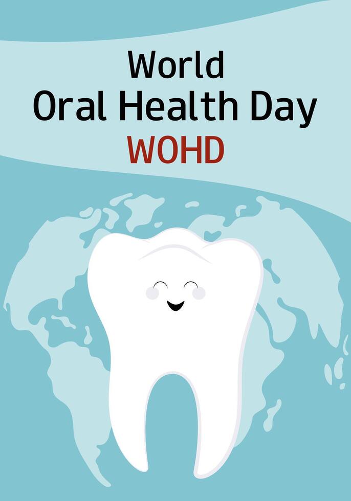 Cute tooth and world map. World Oral Health Day. March 20. Banner, greeting card, presentation. vector