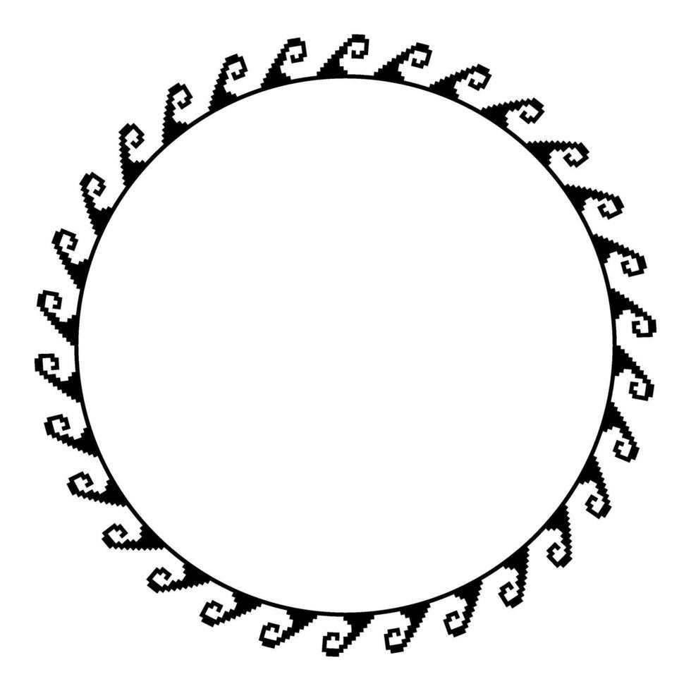 Pixel round monochrome frame in trendy retro style. Round frame with Greek wave meander. Patterns of Greece and ancient Rome. Circle european border. Pixel Y2k. 8bit. For Sandblasting, embroidery vector