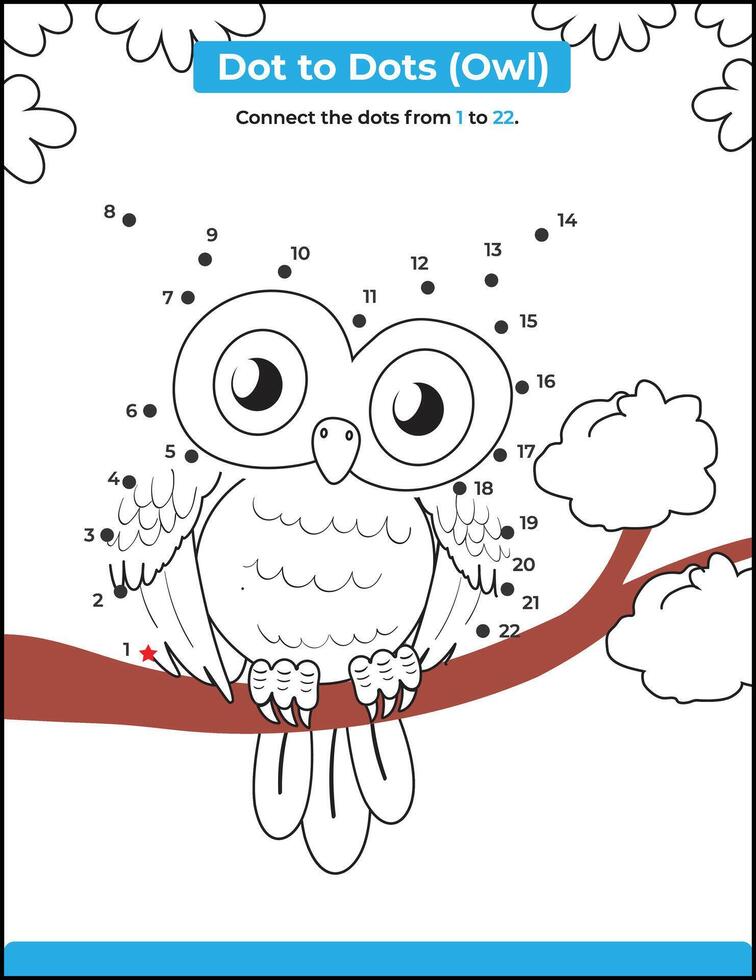 Connect The Dots and Draw Cute Cartoon Owl. coloring page. Activity worksheet. vector