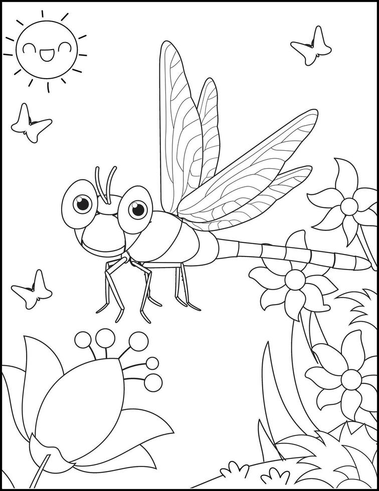 Dragonfly black and white. Coloring book or Coloring page for kids. Nature background illustration vector