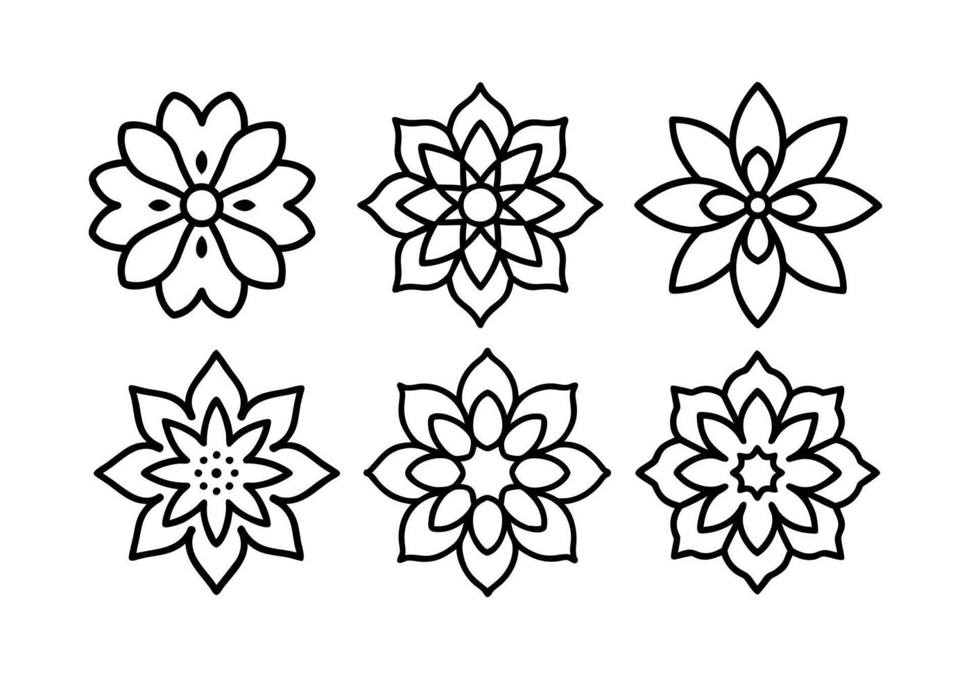 Set of decorative black line flower designs, Set of Abstract Decorative Radial Floral Patterns. Flower Icons. Round Design Elements. Art. vector
