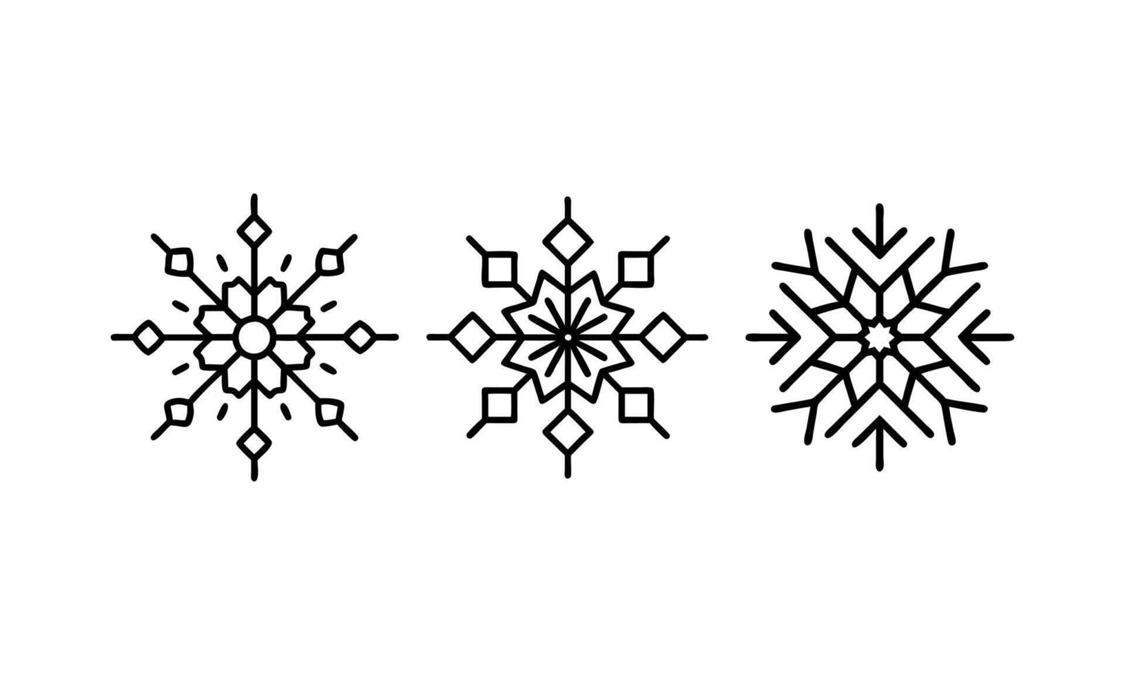 Three stylized snowflakes in a simple, minimalist design. Snowflake simple black line icons. Snowflake set. Snowflake icons. snow. vector