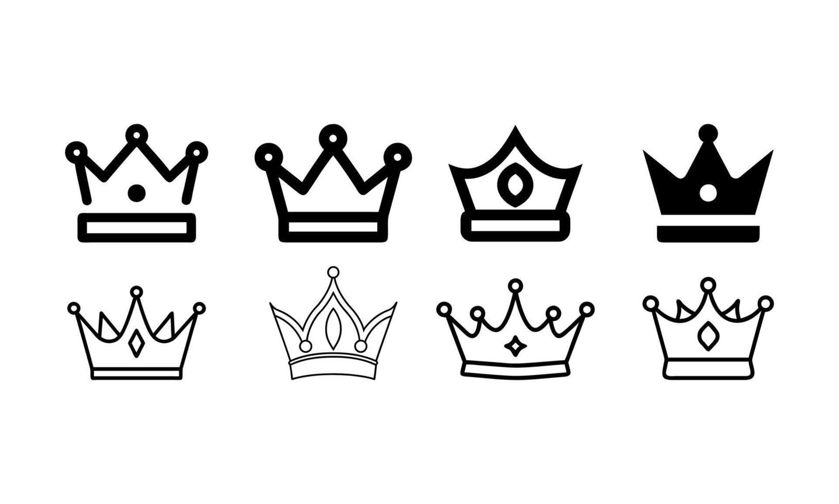 Different Crown Icons in a Simple Design, royal luxury symbols, black crown silhouettes, diverse crowns designs, symbolizing power, authority. vector