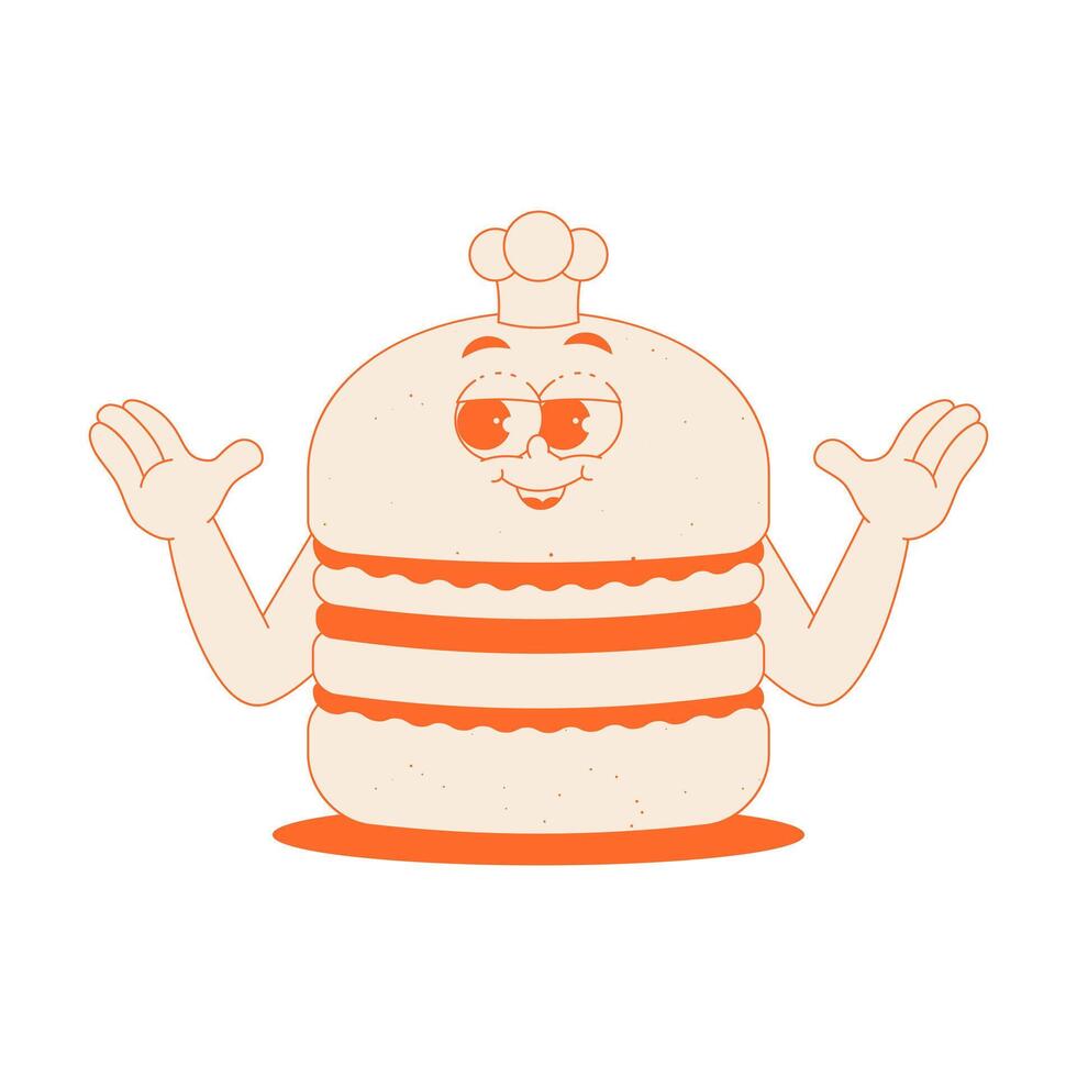 Funky burger character with chefs hat in trendy retro groovy style. Psychedelic fast food mascot with face and hands. Cool sticker in monochrome palette vector