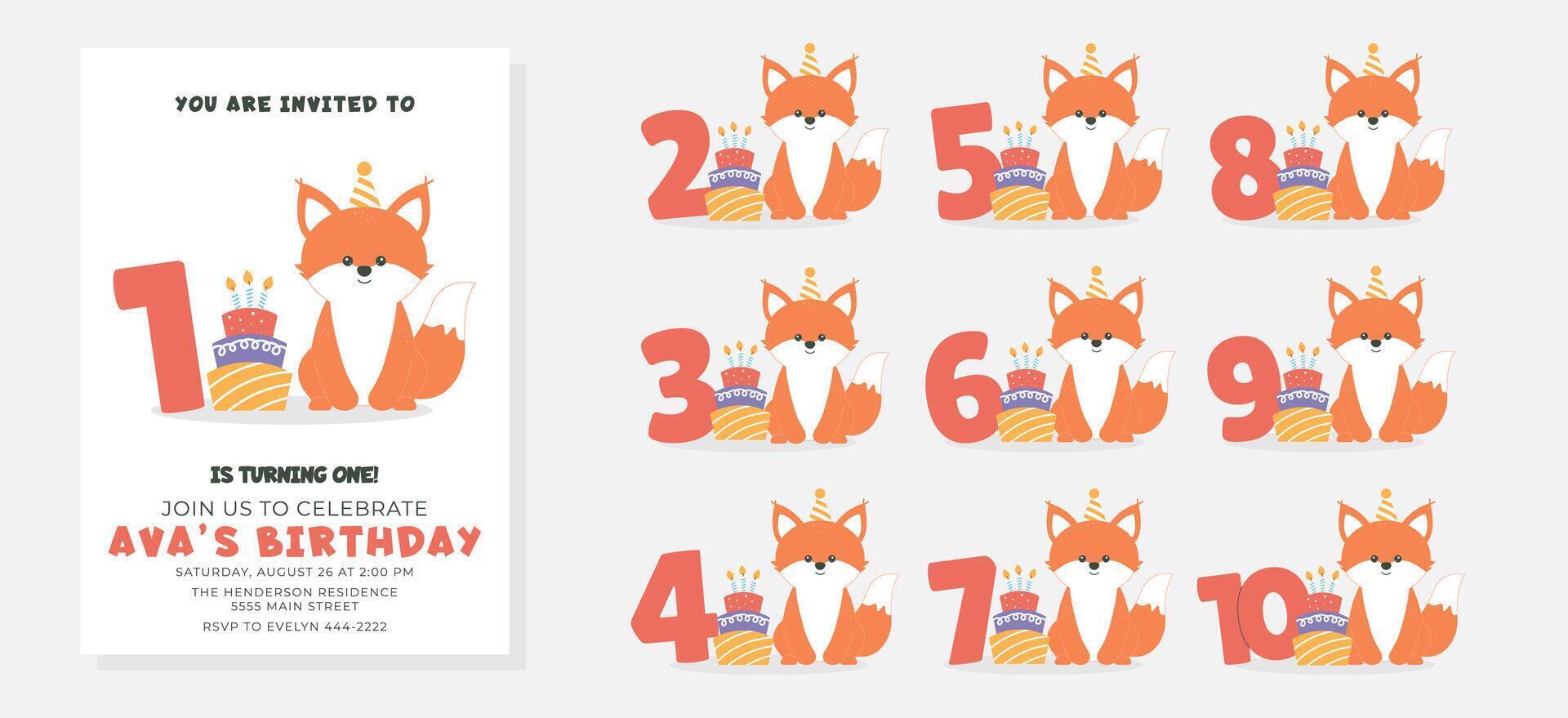 Greeting and invitation for kids Birthday party. Cute fox and set of numbers with animal and cake in flat childrens style. illustration collection, design for card, poster, event, prints vector