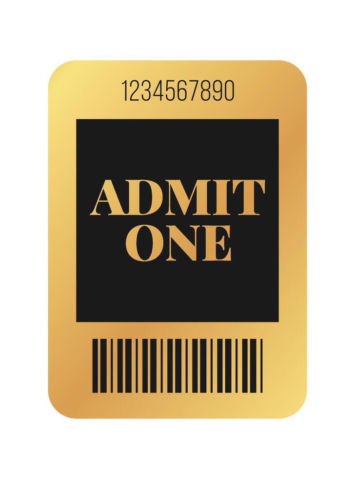 Vertical golden ticket template design admit one. Cinema, theater, casino, concert, film, party, festival gold ticket. Metal gradient coupon. illustration on white background vector
