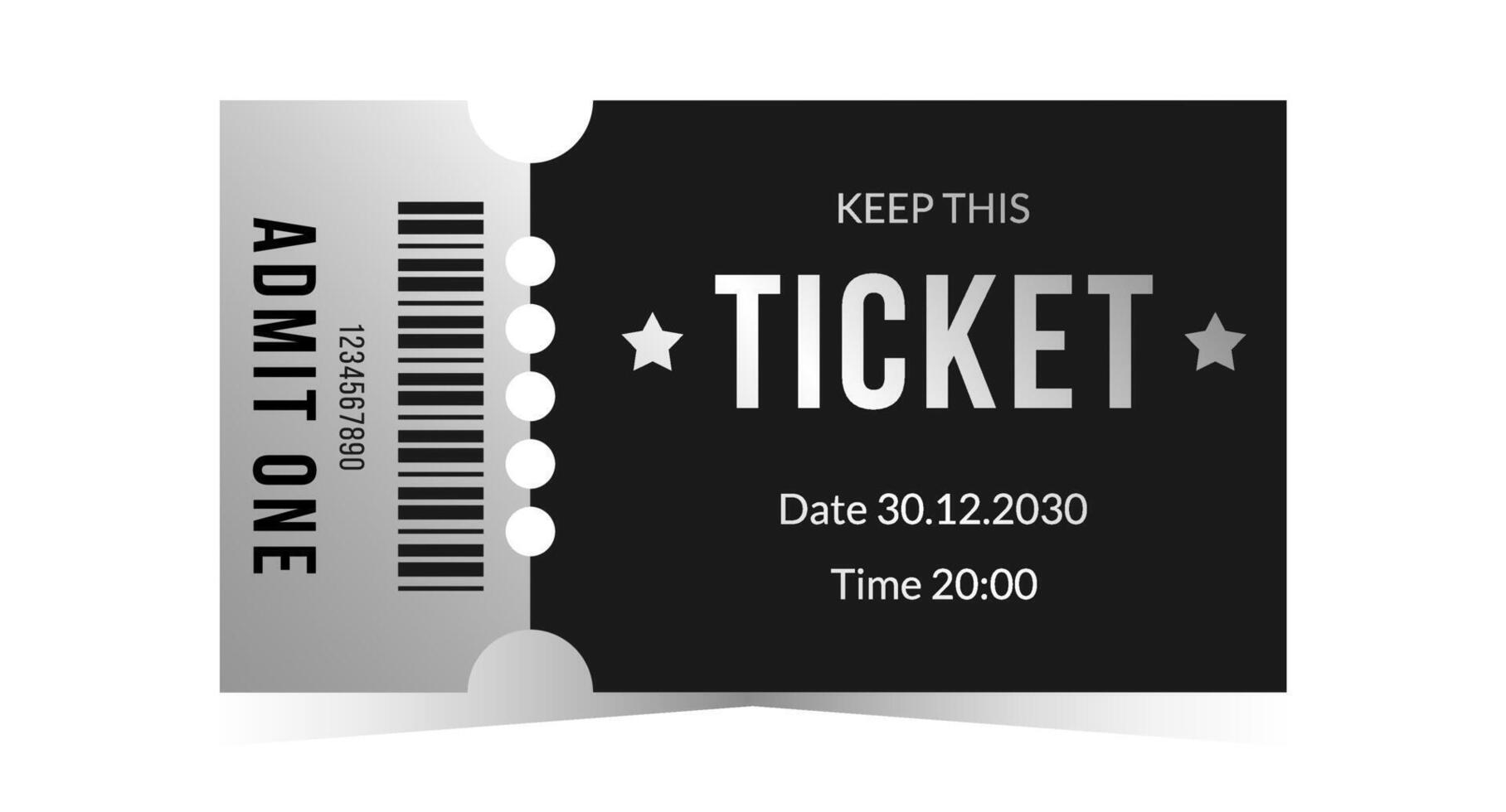 Silver ticket template. Cinema, theater, casino, concert, opera, ballet, performance chrome design. Metal gradient coupon, text, barcode. illustration on white background vector