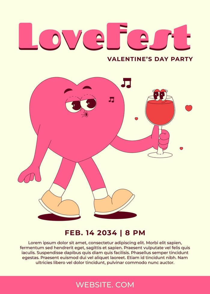 Retro Groovy Lovefest Invitation. Cute walking heart character with glass wine in retro groovy style. Valentines day party concept. vertical banner, pink colors vector