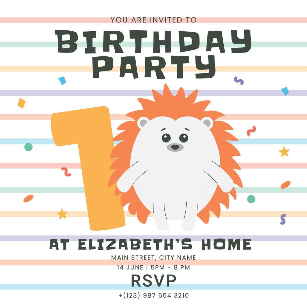 Greeting invitation for first kids Birthday party. Cute baby hedgehog and number one in flat childrens style. illustration, design for card, poster, event vector