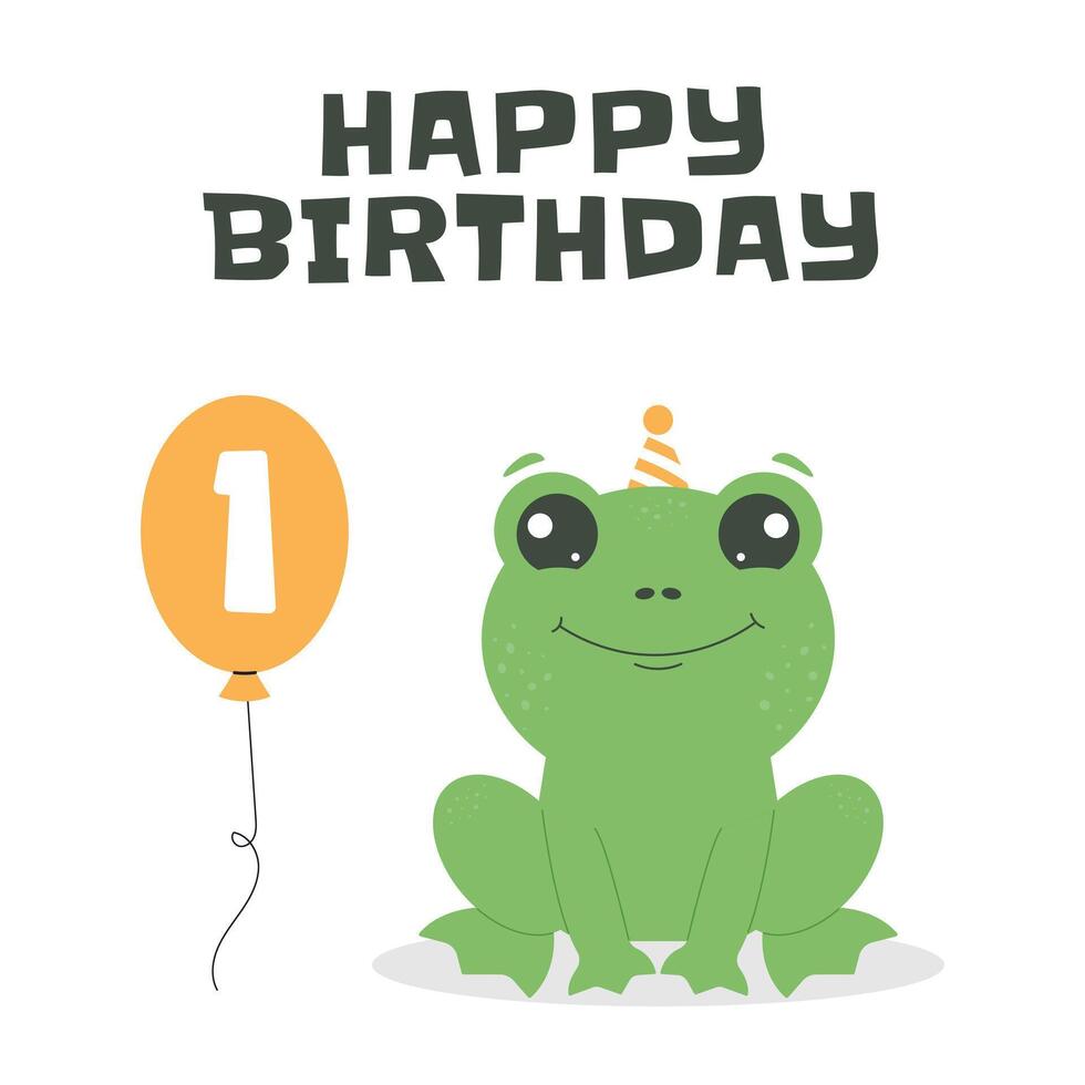 Greeting card for kids first Happy Birthday. Cute baby frog and balloon with number one in flat childrens style. illustration, design for card, poster, event vector