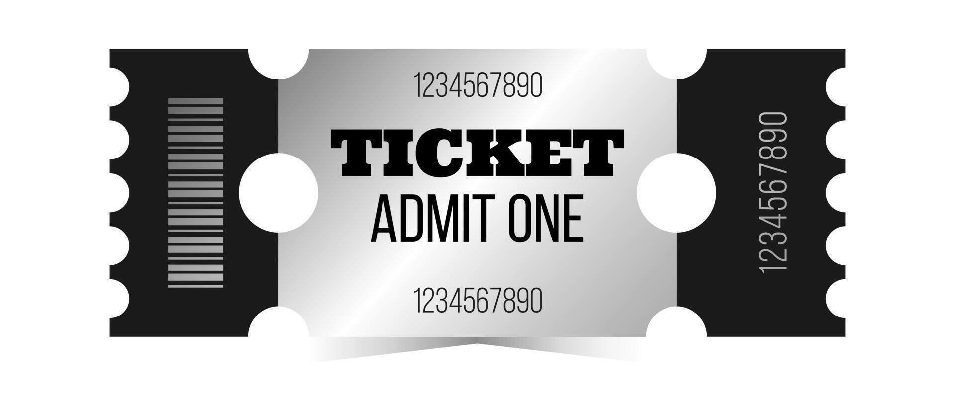 Silver ticket, admit one template. Cinema, theater, casino, concert, opera, ballet, performance chrome design. illustration on white background vector