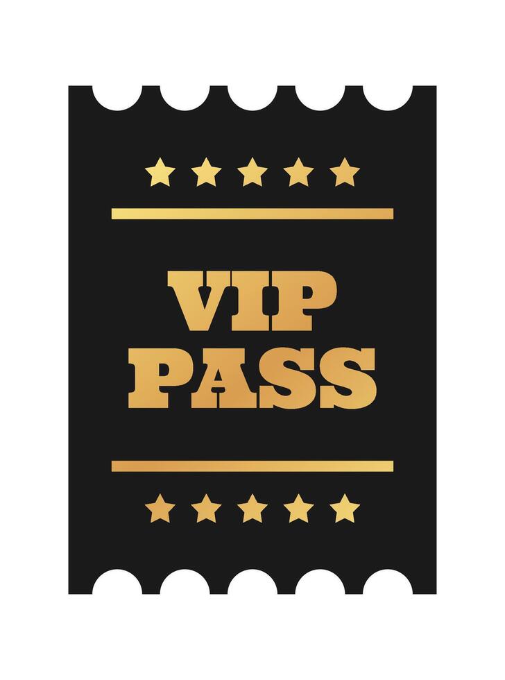 Vertical golden VIP pass ticket template design. Cinema, theater, casino, film, party gold ticket. Metal gradient coupon. Black illustration golden text on white background vector