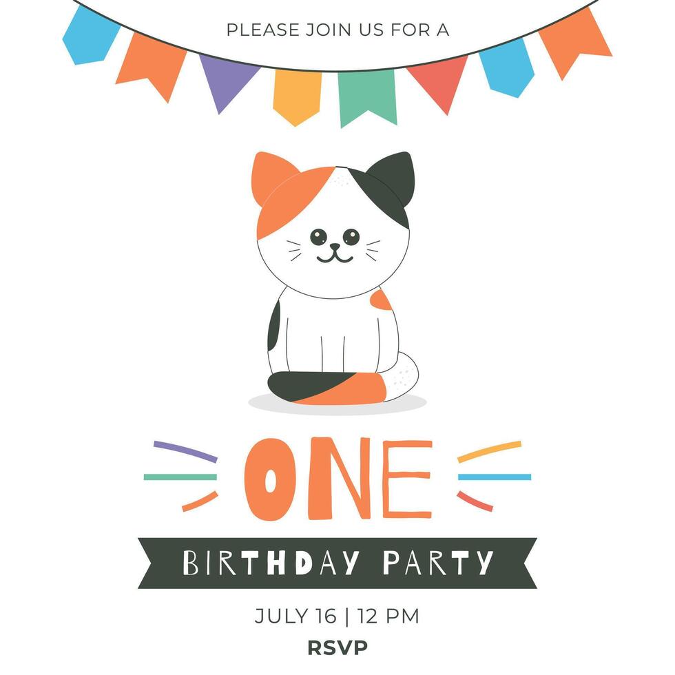 Greeting and invitation card for kids first Birthday party. Cute baby cat and one in flat childrens style. illustration, design for card, poster, event vector
