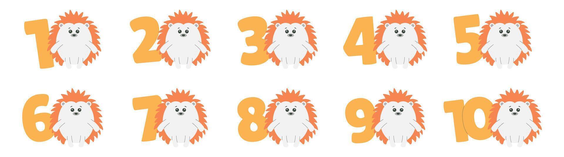 Cute Hedgehog character, numbers set. Beautiful elements for Kids Birthday Party invitation, greeting card, poster, event, prints and cake toppers design vector