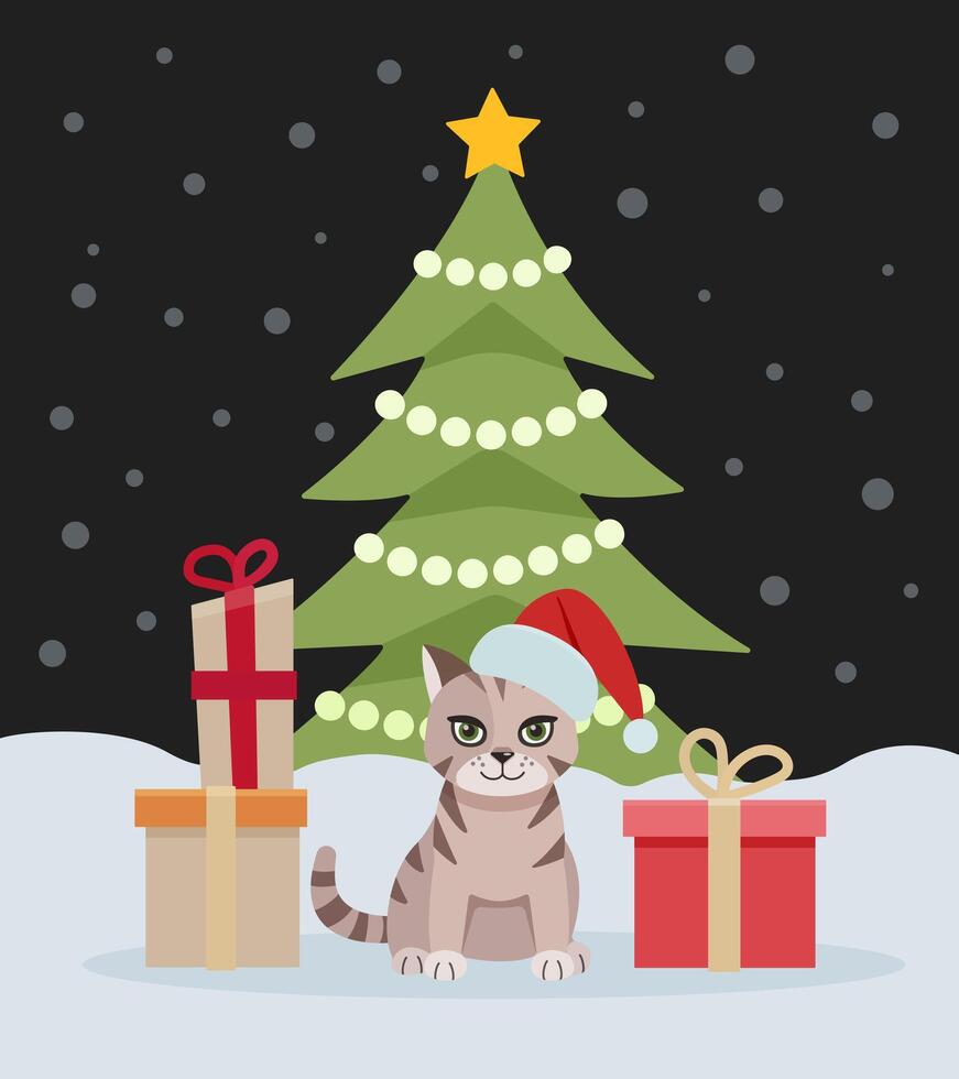Cute cat near the New Year tree.Christmas card with cat, kitten. Happy holidays. Greeting concept. Ideal for print, postcard or label. New Year card. vector