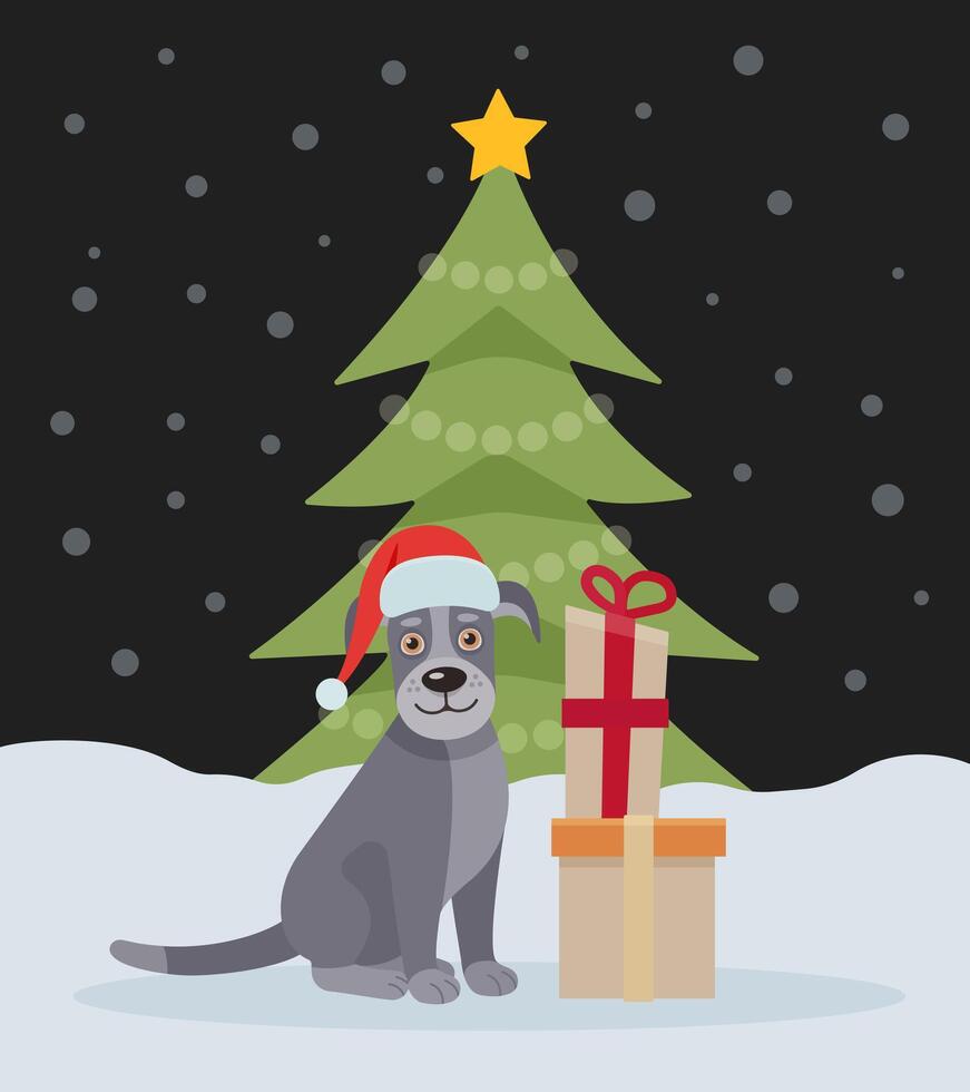 Cute dog near the New Year tree. Christmas card with dog, puppy. Happy holidays. Greeting concept. Ideal for print, postcard or label. New Year card. vector