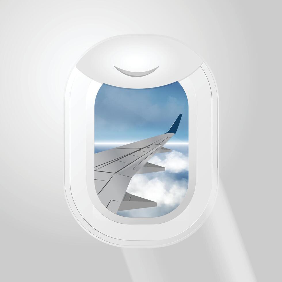 A panoramic view from an airplane window with a close-up of the wing. vector