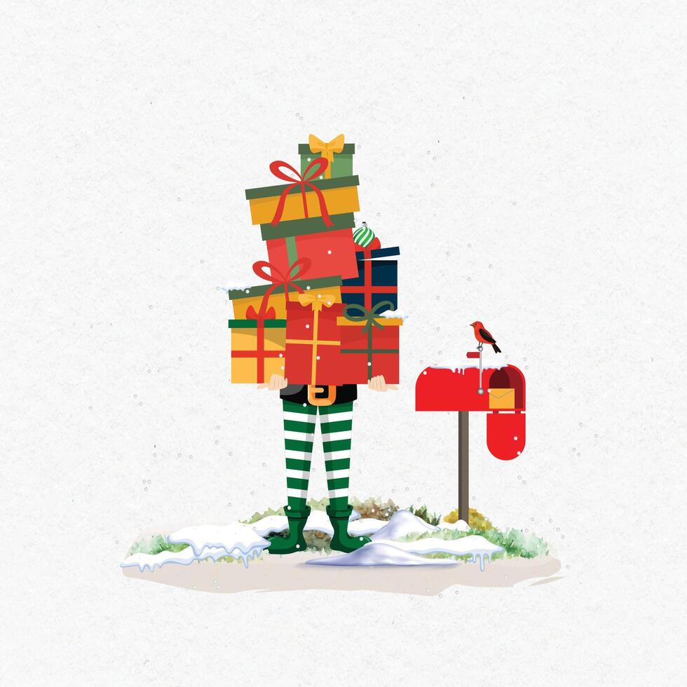 Cute Christmas Elf carrying gifts in a winter scene. Holiday Greeting Card Design. vector